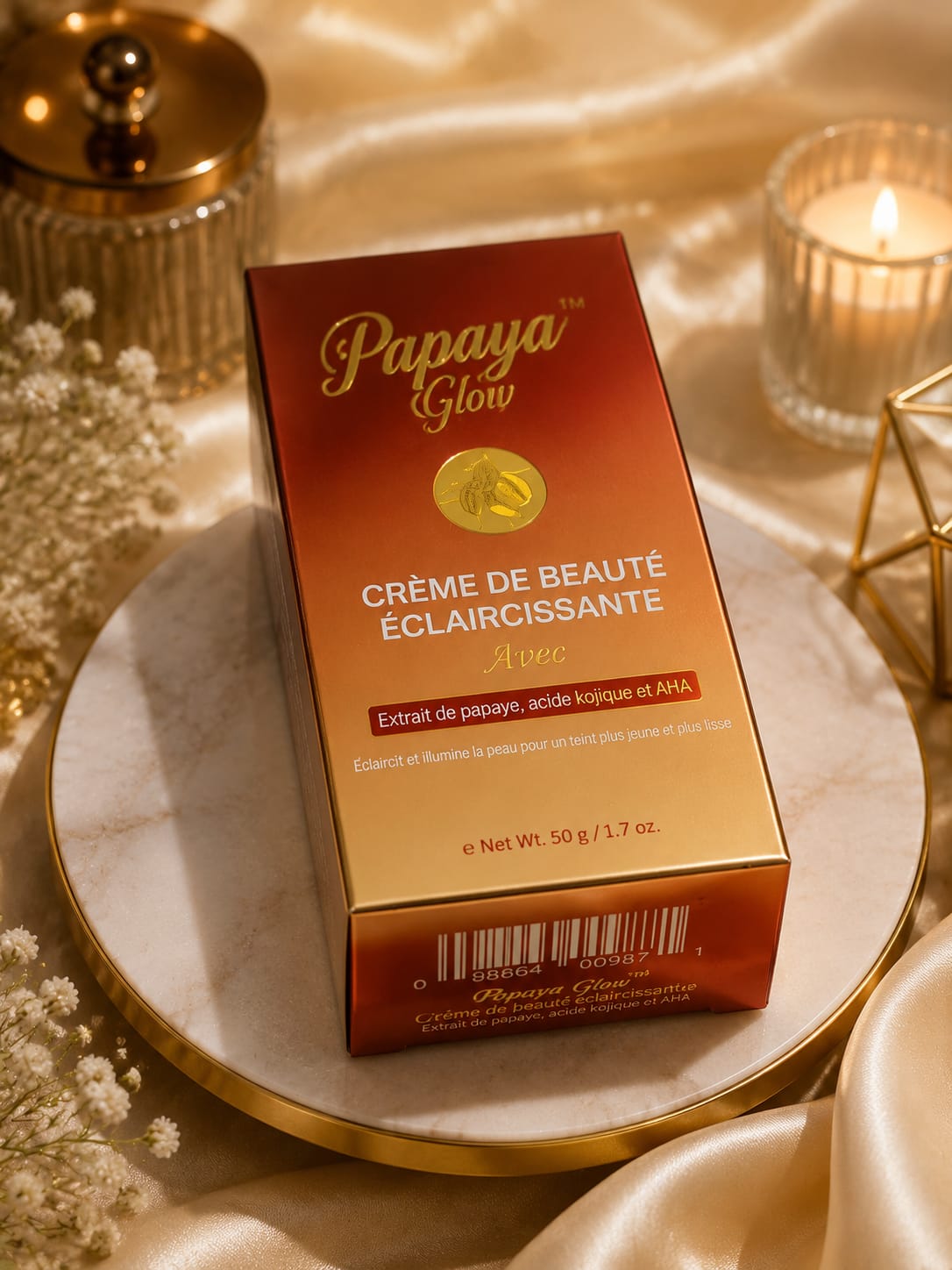 Papaya Glow Beauty Cream with papaya extract in a 50g jar, showing the cream's smooth texture and vibrant packaging.