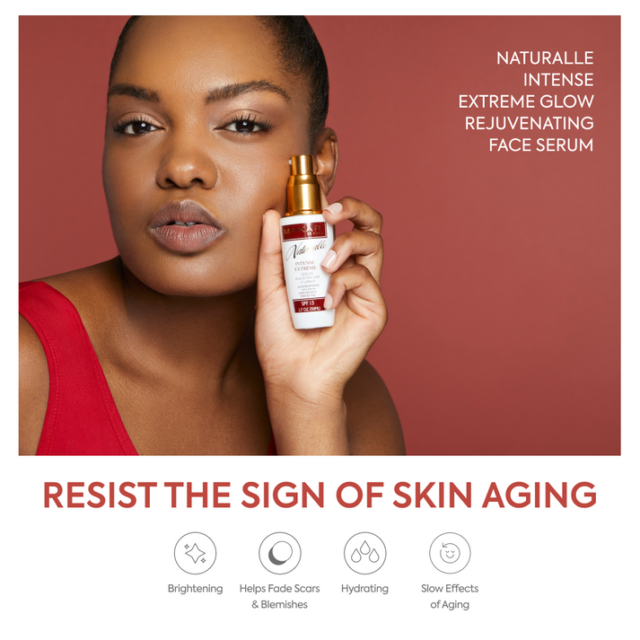 Makari Naturalle Intense Extreme serum bottle with pump dispenser, light-colored packaging, and product label visible.