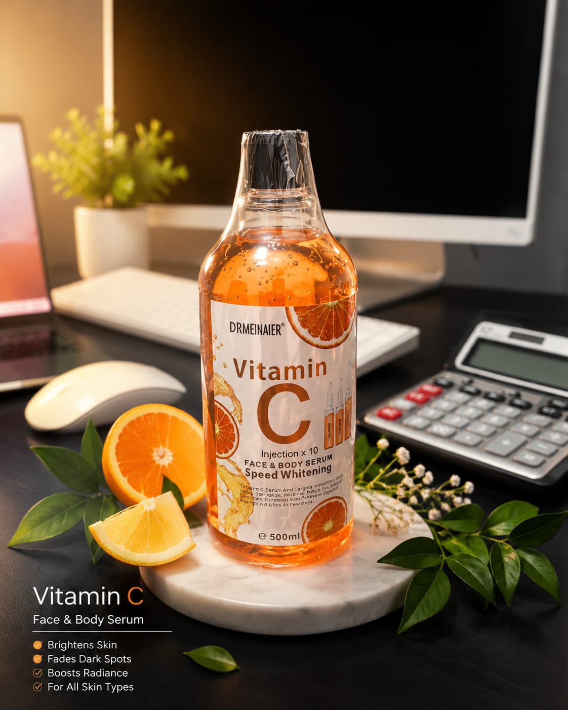 Dr. Meinaier Vitamin C Face and Body Serum bottle with clear label, large 500ml size, light-colored liquid inside.