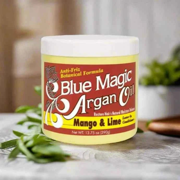 Blue Magic Argan Oil Mango & Lime Leave-In Conditioner 13.75oz bottle, showing the colorful label and product packaging.