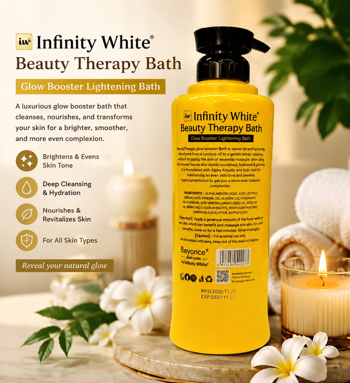 Infinity White Beauty Therapy Body Lotion bottle with white and gold packaging, featuring alpha arbutin and kojic for skin brightening.