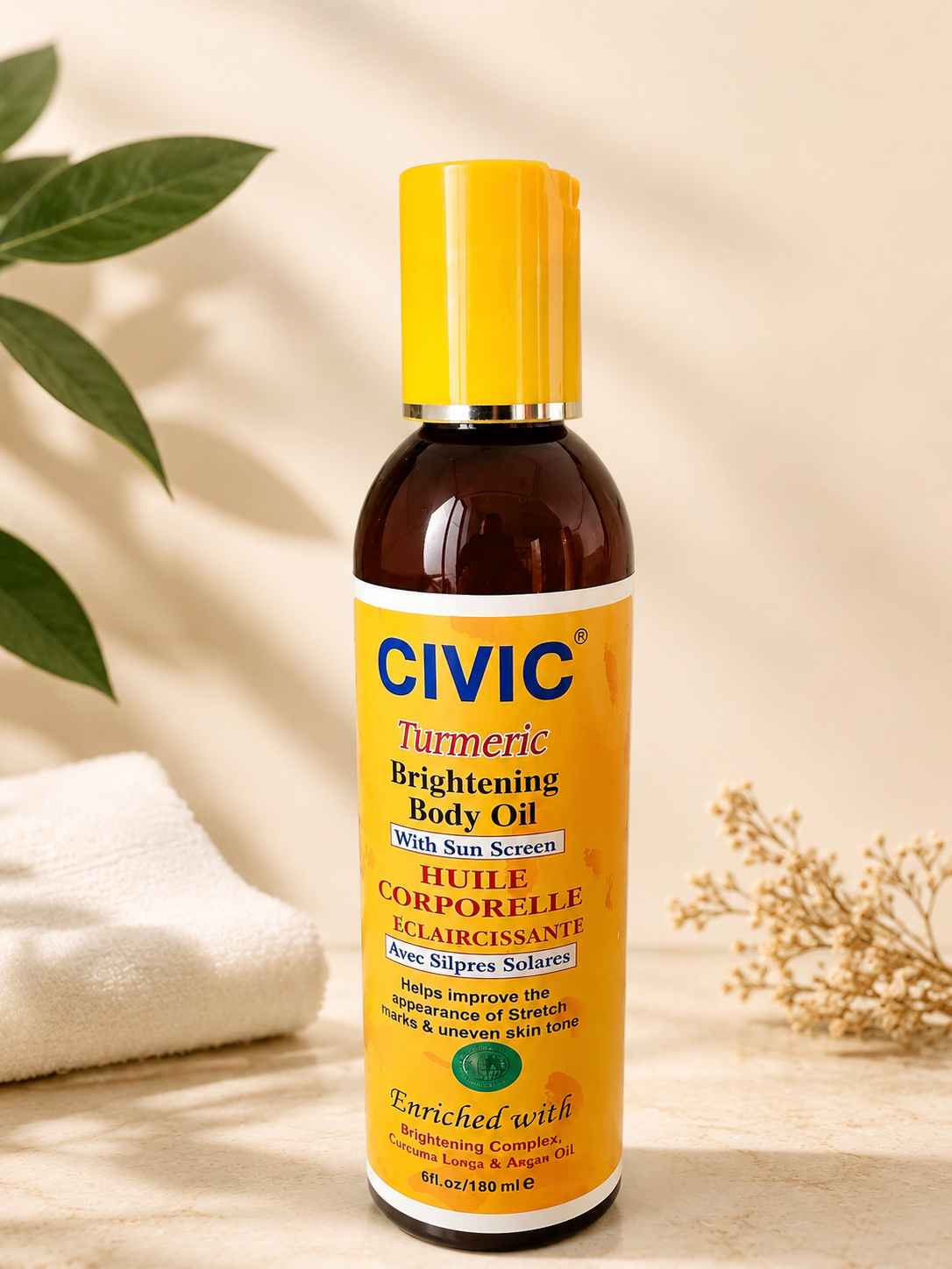 Civic Turmeric Body Oil in a 180 ml bottle with a golden cap, showing the product label and clear liquid inside.