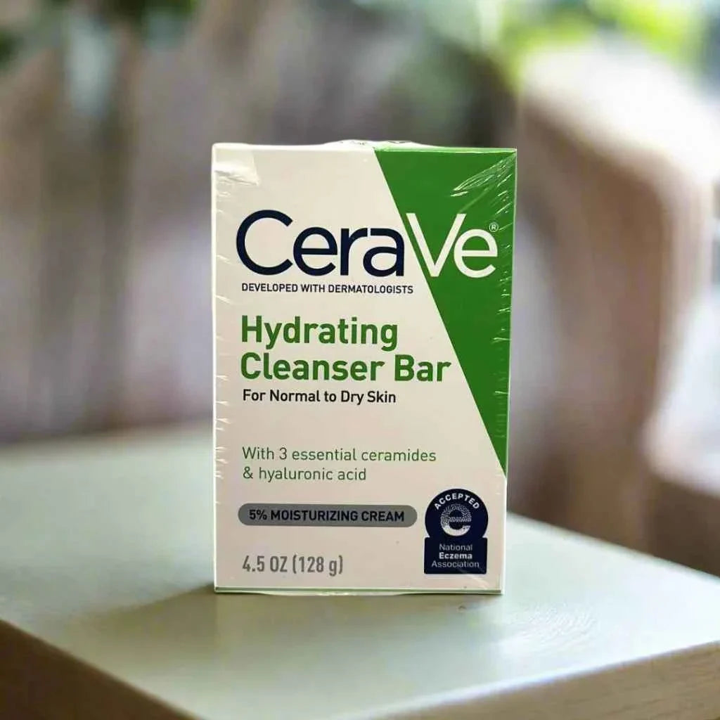 CeraVe Hydrating Cleanser Bar with ceramides and hyaluronic acid, showing the soap bar with its packaging and branding.
