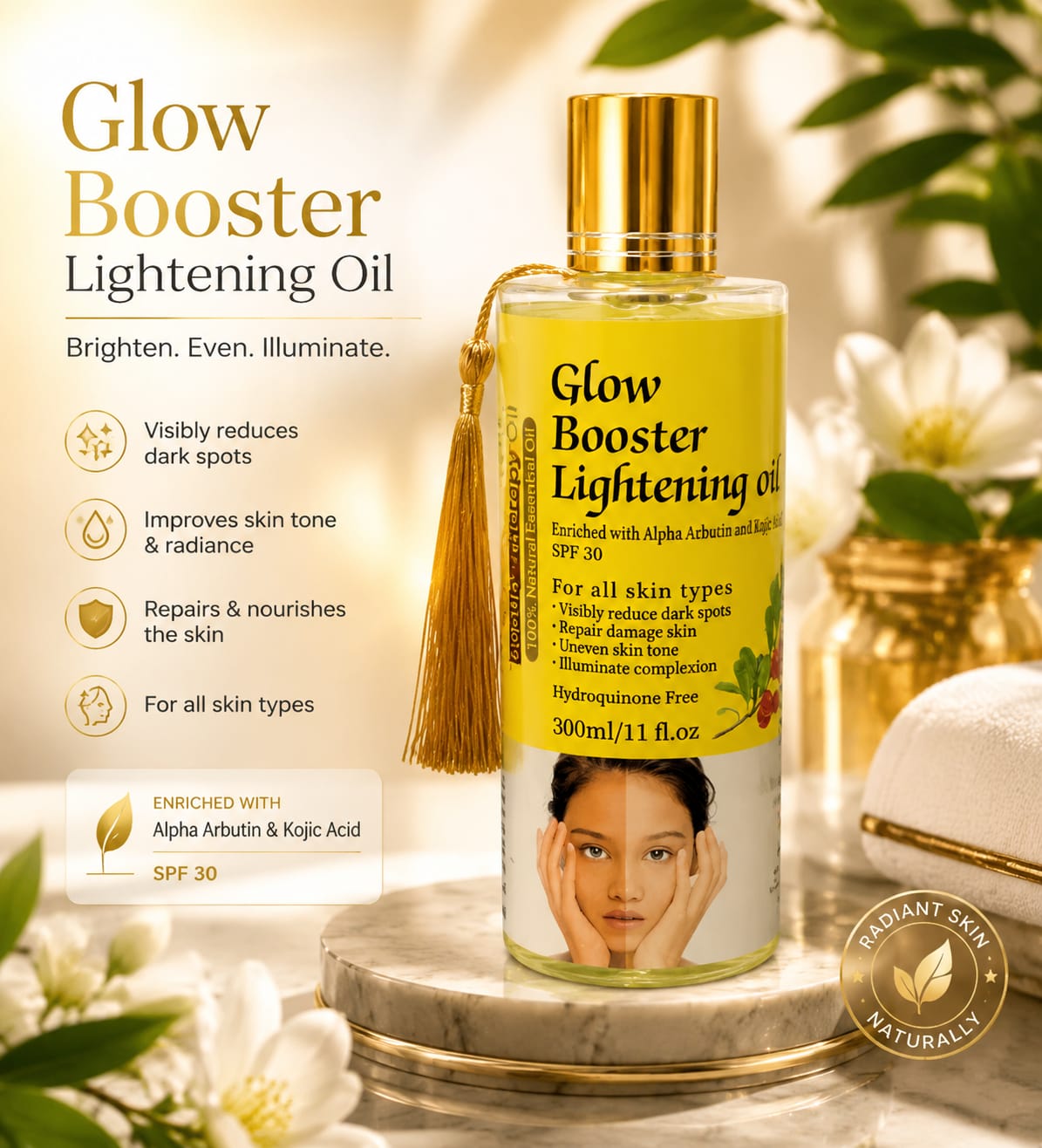 Infinity White Beauty Therapy Body Oil with Alpha Arbutin and Kojic, 300ml, showing a sleek, clear bottle with white liquid and gold accents.