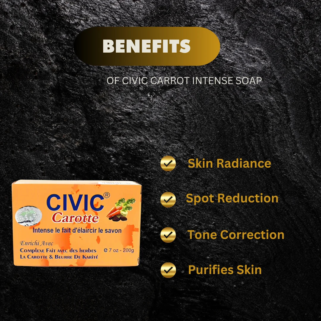 Civic Carrot Intense Beauty Soap bar with carrot and shea butter, showing the soap's textured surface and packaging.