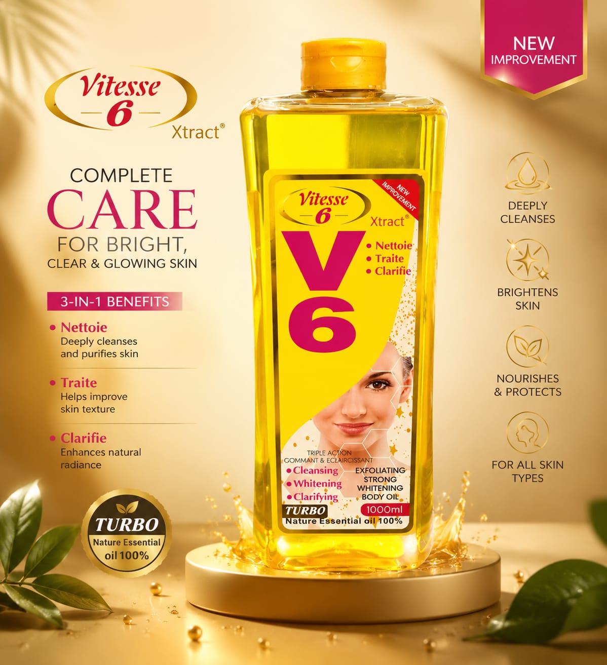 Vitesse V6 Xtract Nourishing Body Oil with botanical extracts in a 1000ml pump bottle, showing the clear oil and botanical ingredients.