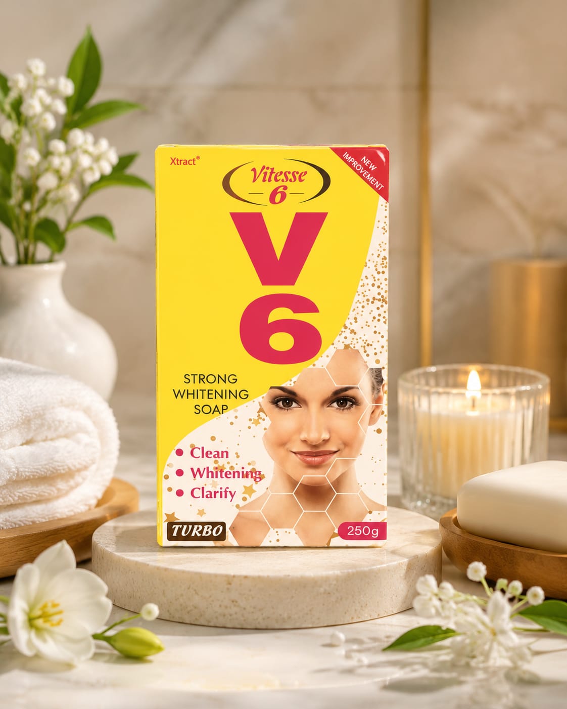 Vitesse V6 Beauty Soap 250g bar with smooth, creamy texture and vibrant packaging, designed for skincare and cleansing.