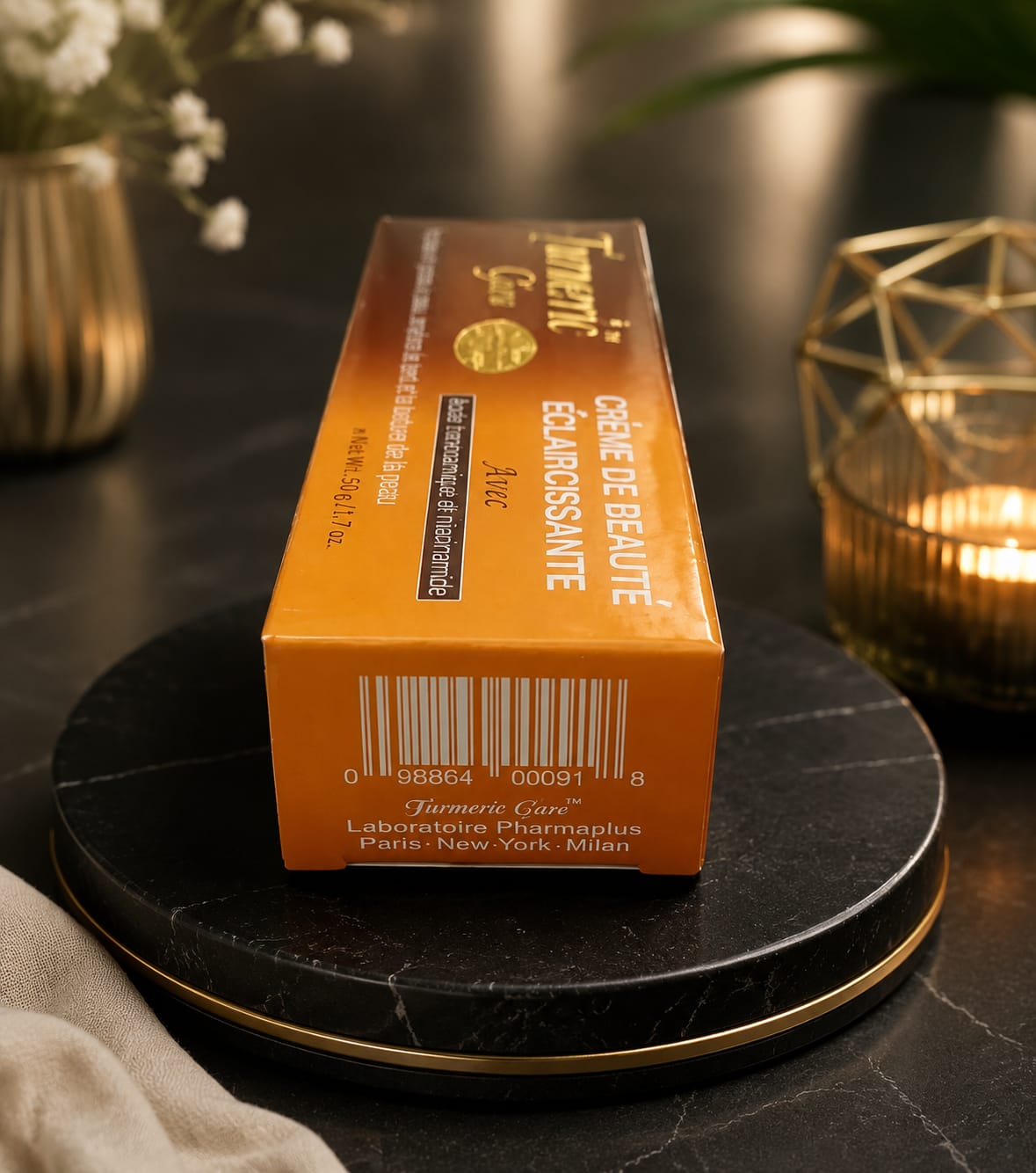 Turmeric Glow Beauty Cream 50g jar with golden-yellow cream inside, showcasing a smooth, vibrant turmeric-infused skincare product.
