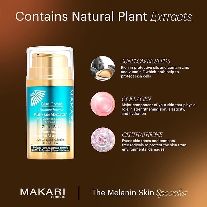 Makari Blue Crystal cream in a blue jar, featuring a smooth, rich texture and vibrant blue packaging for brightening skincare.