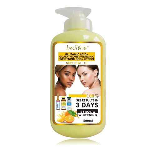 LansYade Glutamic Acid and Vitamin C body lotion bottle with 500ml size, featuring a white and orange label, on a white background.
