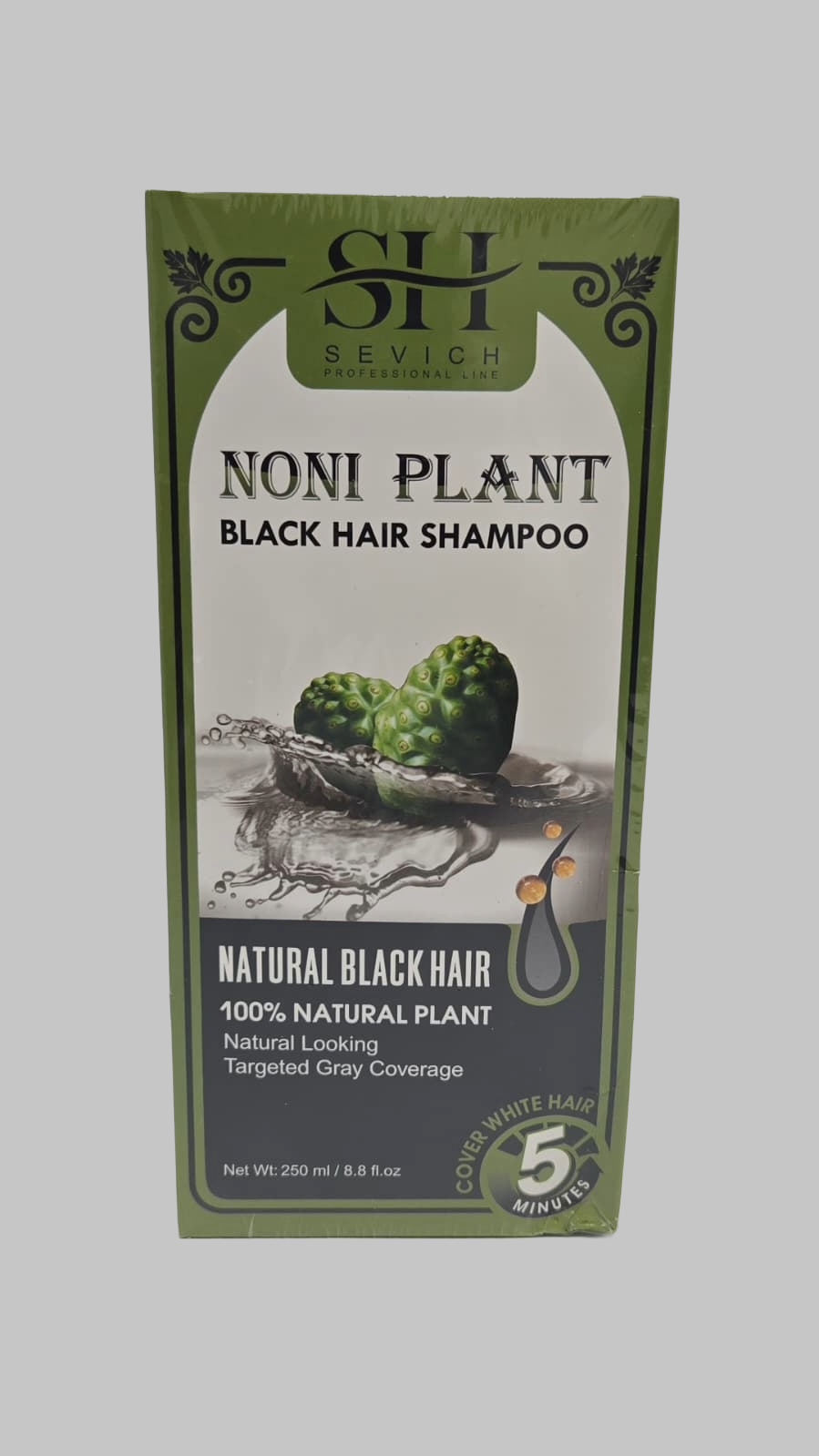 SH Sevich Noni plant black hair shampoo bottle with black and green label, 250ml, featuring natural ingredients for hair care.
