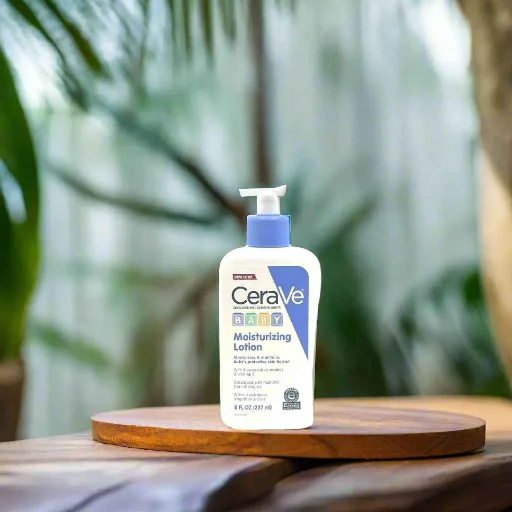 CeraVe Baby Moisturizing Lotion with ceramides and hyaluronic acid in a white pump bottle, 8 oz, suitable for gentle baby skin.