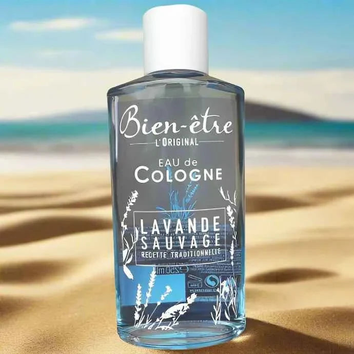 Wild lavender Eau de Cologne by Bien-Etre in a 250 ml bottle, featuring a clear glass container with lavender-colored liquid.