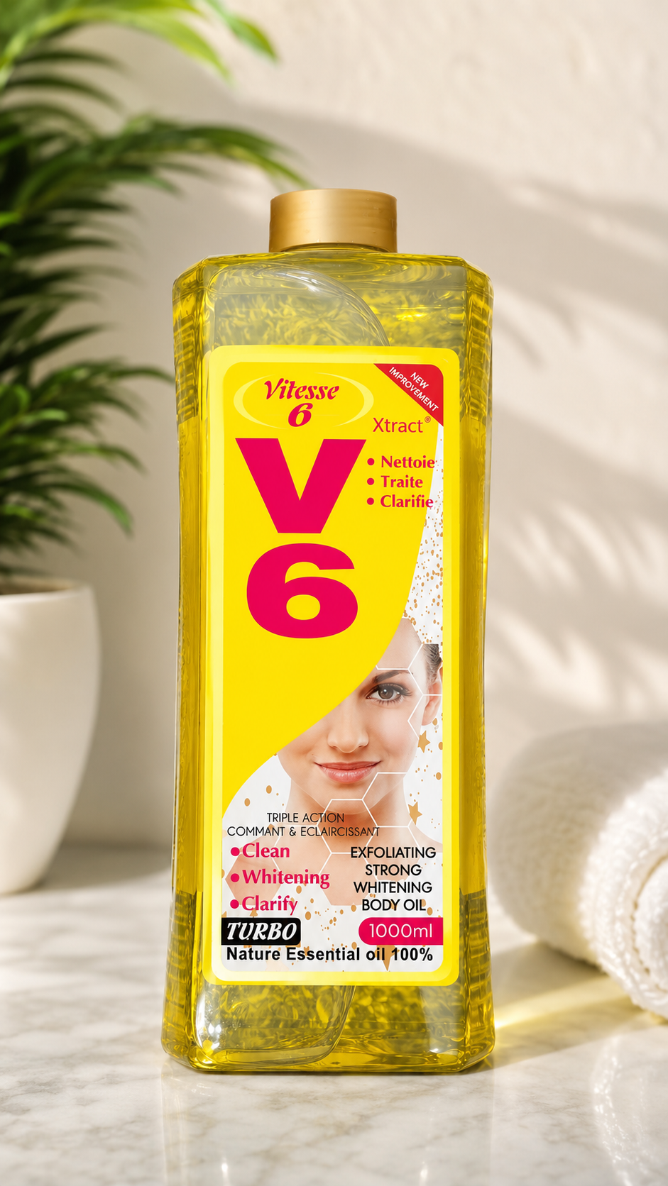 Vitesse V6 Xtract nourishing body oil bottle with botanical extracts, 1000ml, shown with label and pump dispenser.