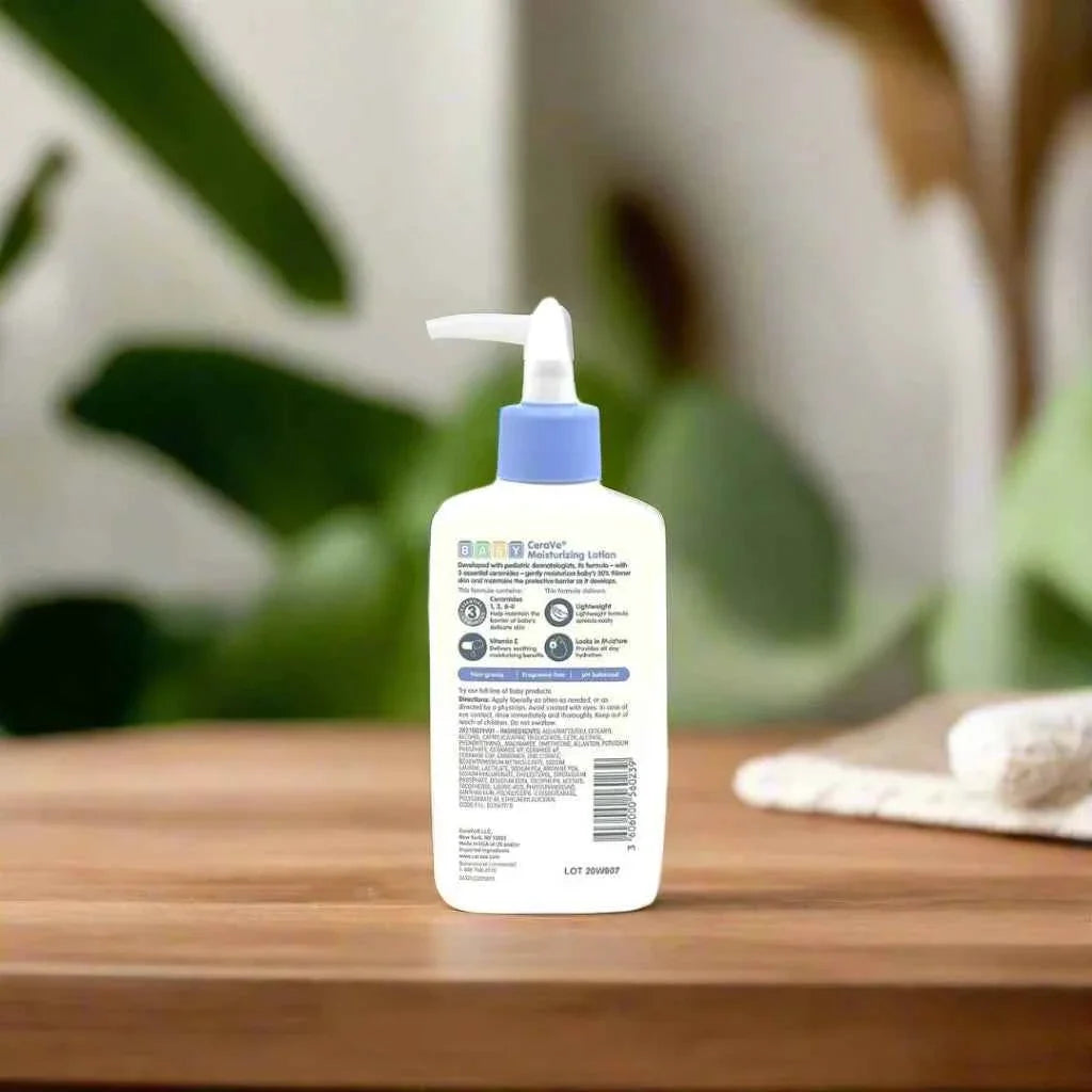 CeraVe Baby Moisturizing Lotion with ceramides and hyaluronic acid in a pump bottle, 8 oz, for gentle baby skin hydration.