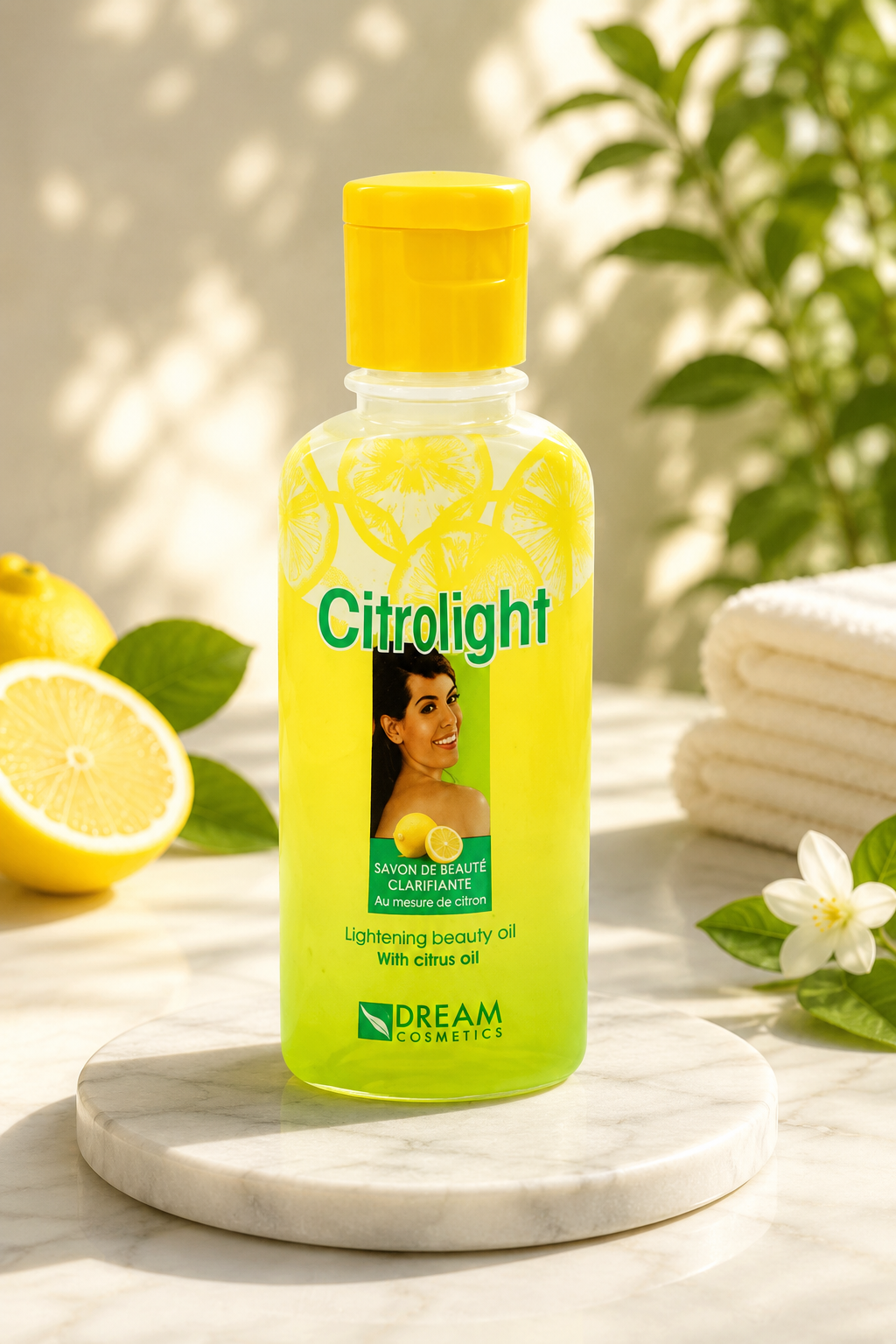 Bottle of Citro Light Beauty Oil with Citrus Oil, 1.76 oz, showing the product label and citrus fruit illustrations.
