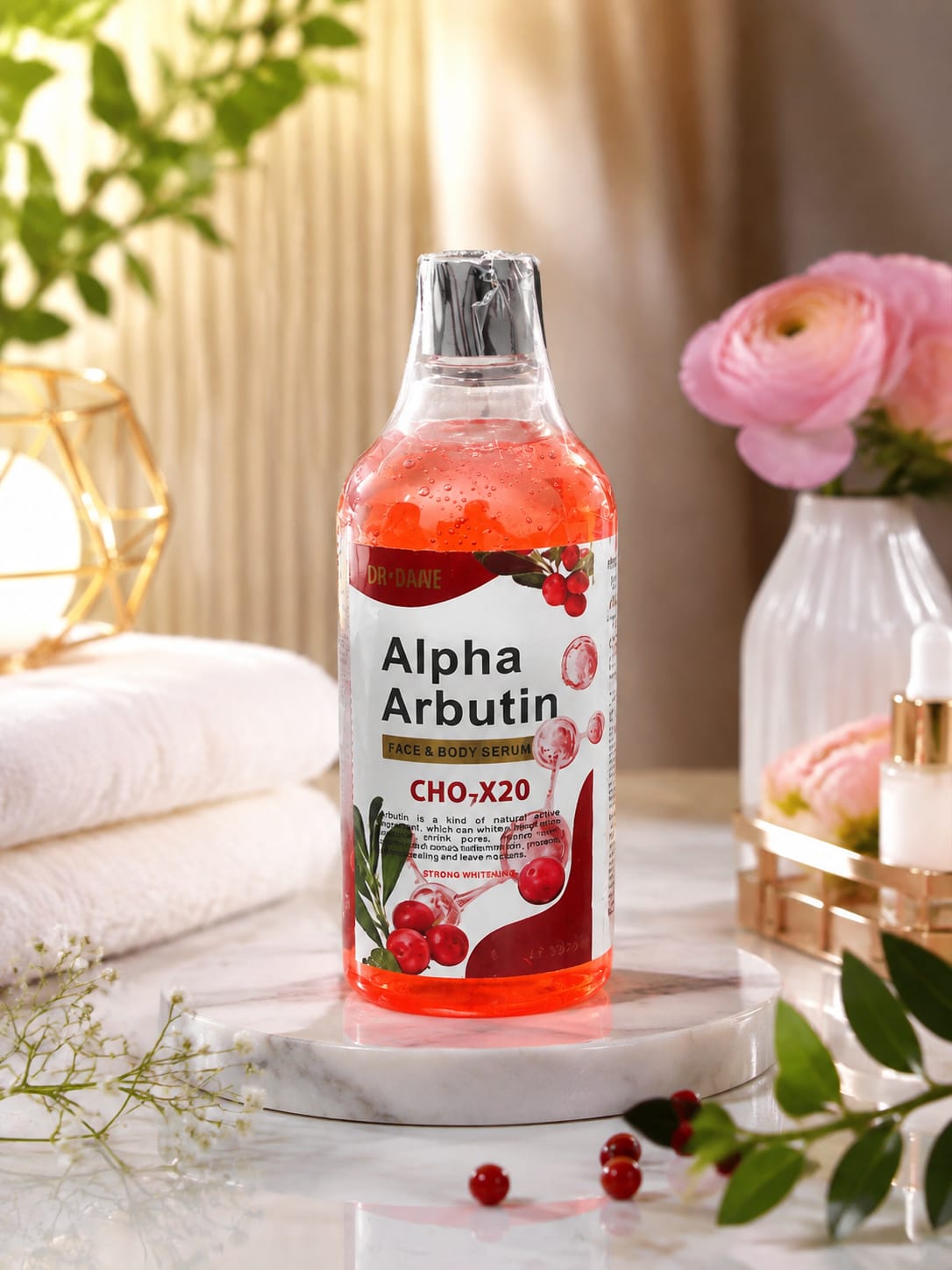 Dr. Meinaier Alpha Arbutin Face and Body Serum bottle, 500ml, with clear label and pump dispenser for skincare.