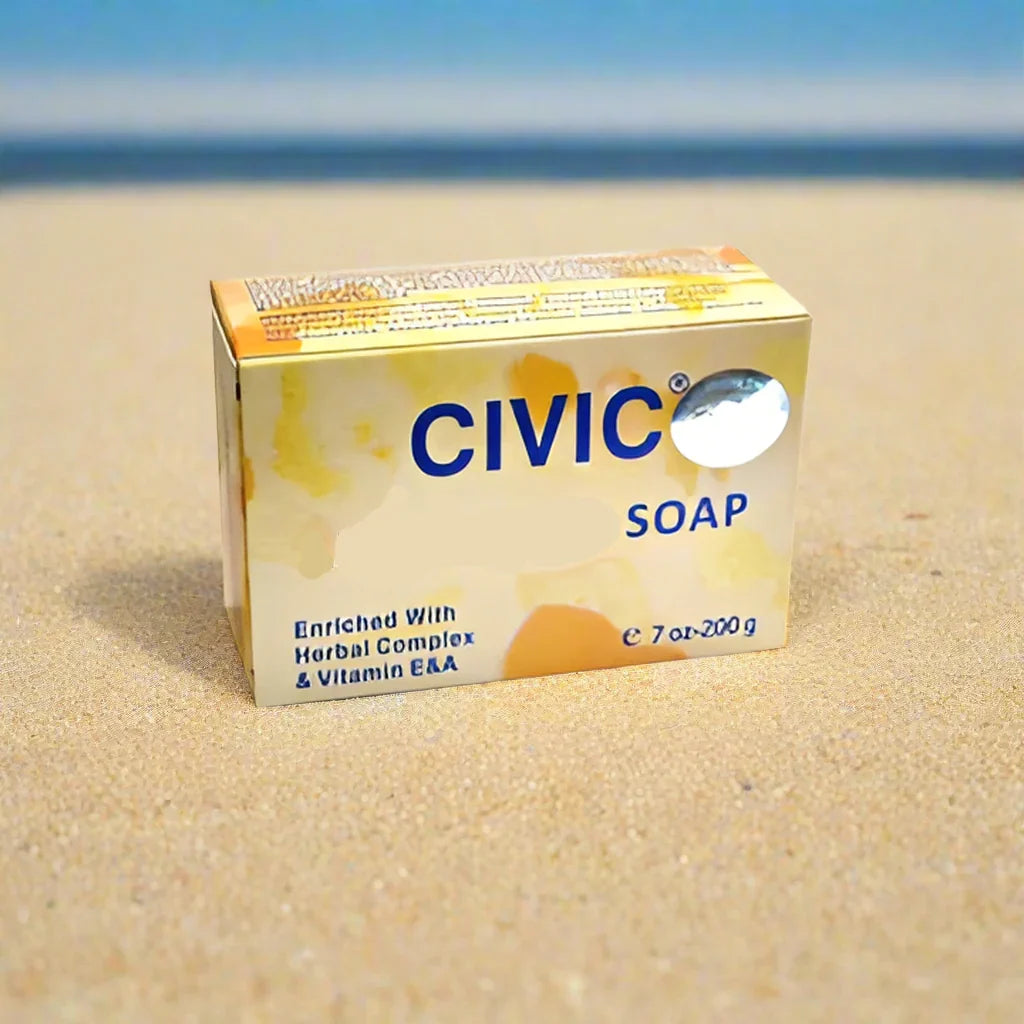 Civic Herbal Complex Soap with Vitamin E and A, 7 oz bar showing herbal ingredients and soap texture.