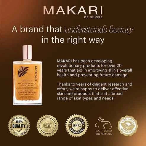 Makari 24K rose gold oil with five gold-infused drops in a clear glass bottle, highlighting luxurious skincare ingredients.