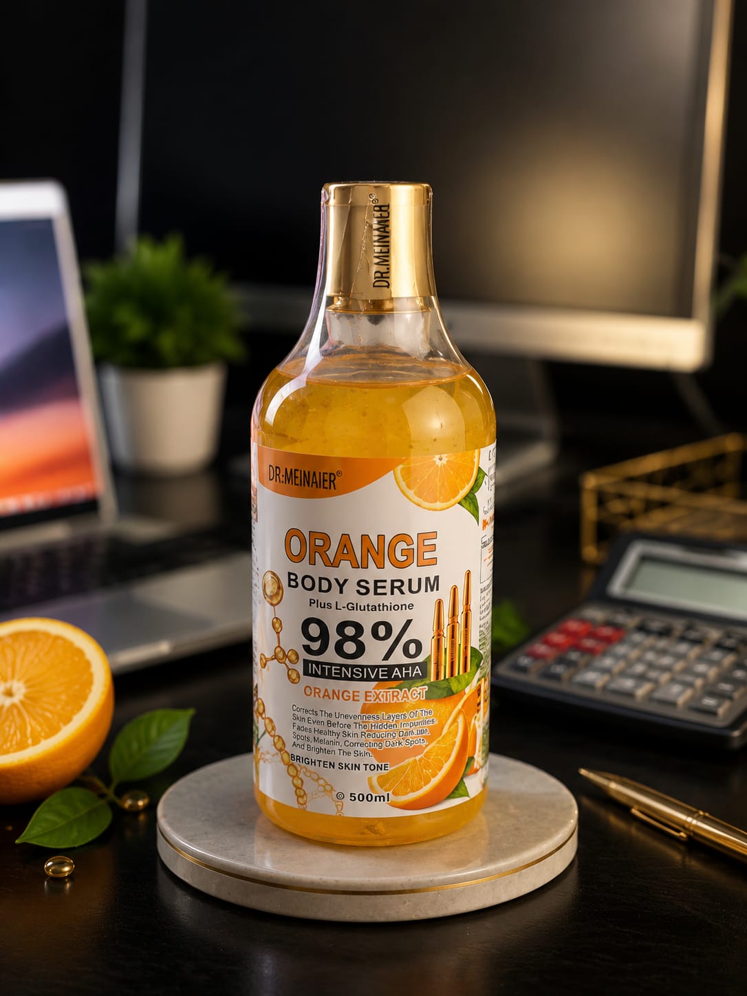 Dr. Meinaier Orange Body Serum bottle in 500ml size, featuring bright orange label and sleek design on a white background.