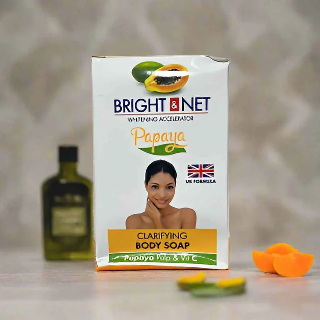 Bright & Net Papaya Body Soap 190g bar with bright packaging and fresh papaya scent, displayed on a clean surface.
