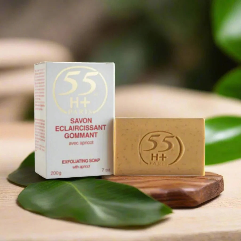 Bar of 55H+ Paris Apricot Beauty Soap in 7 oz, featuring a creamy apricot scent and smooth texture for skincare.