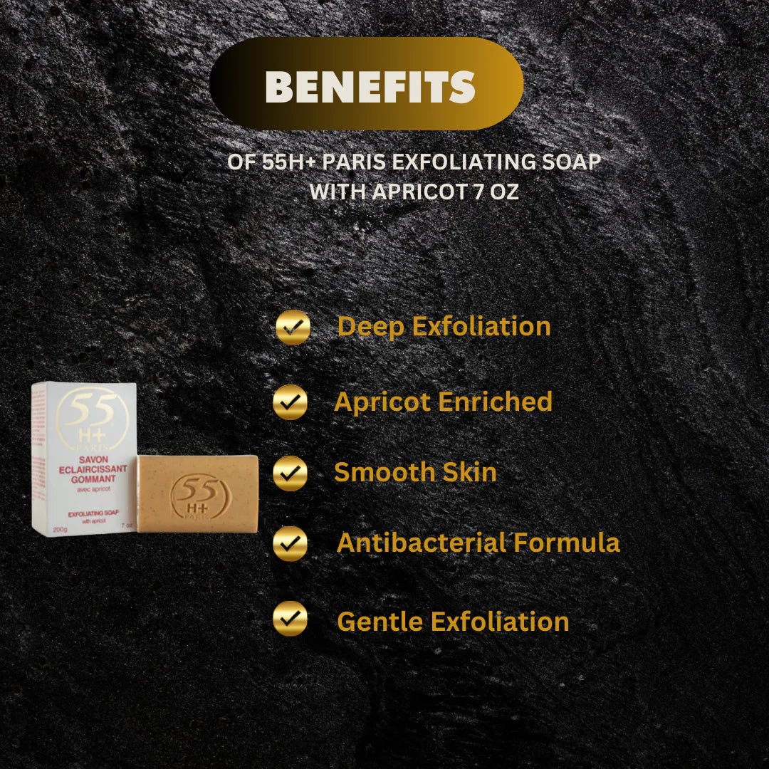 Bar of 55H+ Paris Apricot Beauty Soap in a 7 oz size, featuring a creamy apricot scent and smooth texture.