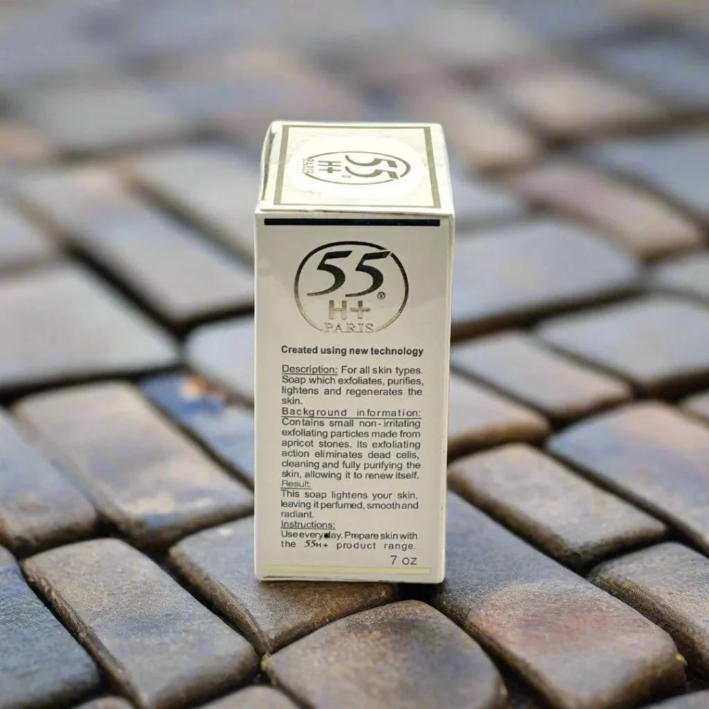 55H+ Paris Apricot Cleansing Soap in 7 oz bar with apricot extract and creamy lather, perfect for gentle skin cleansing.