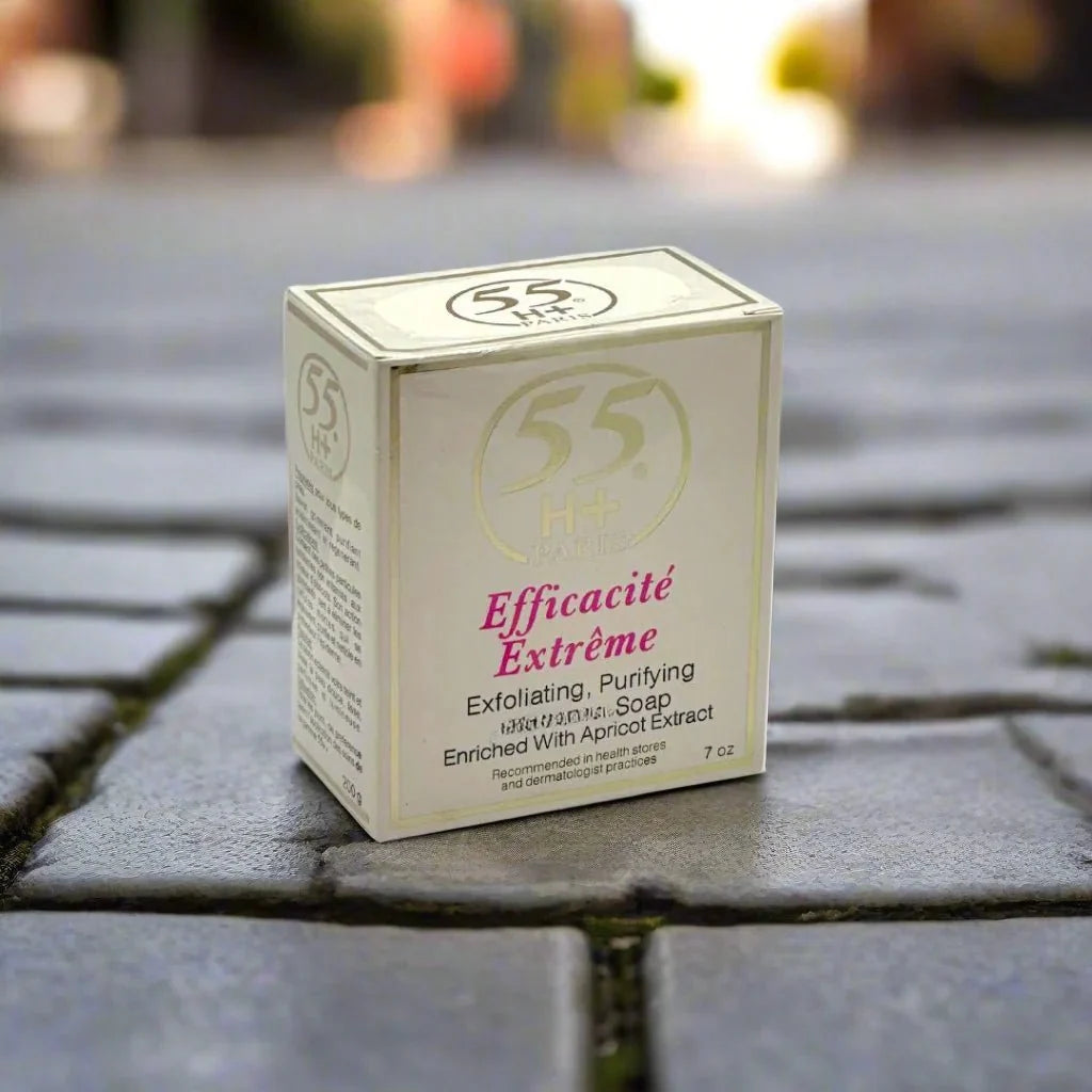 55H+ Paris Apricot Cleansing Soap 7 oz with apricot extract, showing the soap bar and packaging on a neutral background.