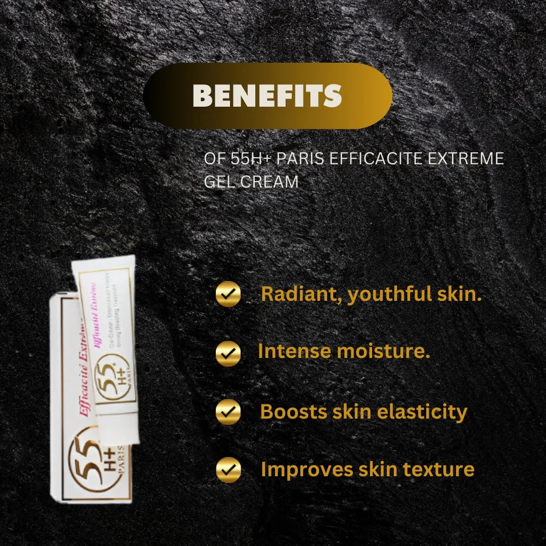 55H+ Paris Efficacite Daily Gel Cream in 1 oz jar, smooth gel texture, suitable for daily skincare hydration and rejuvenation