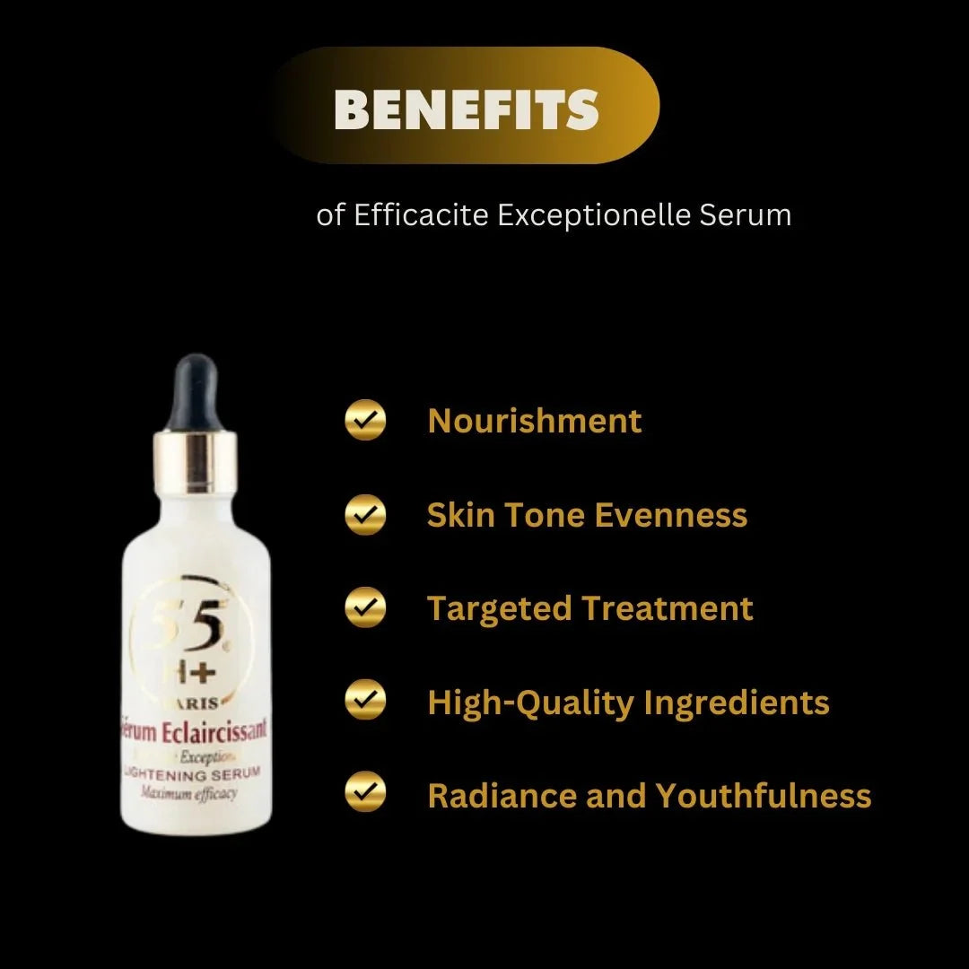 55H+ Paris Efficacite Exceptionelle Serum in 1.66 oz bottle, showcasing sleek packaging and luxurious skincare.