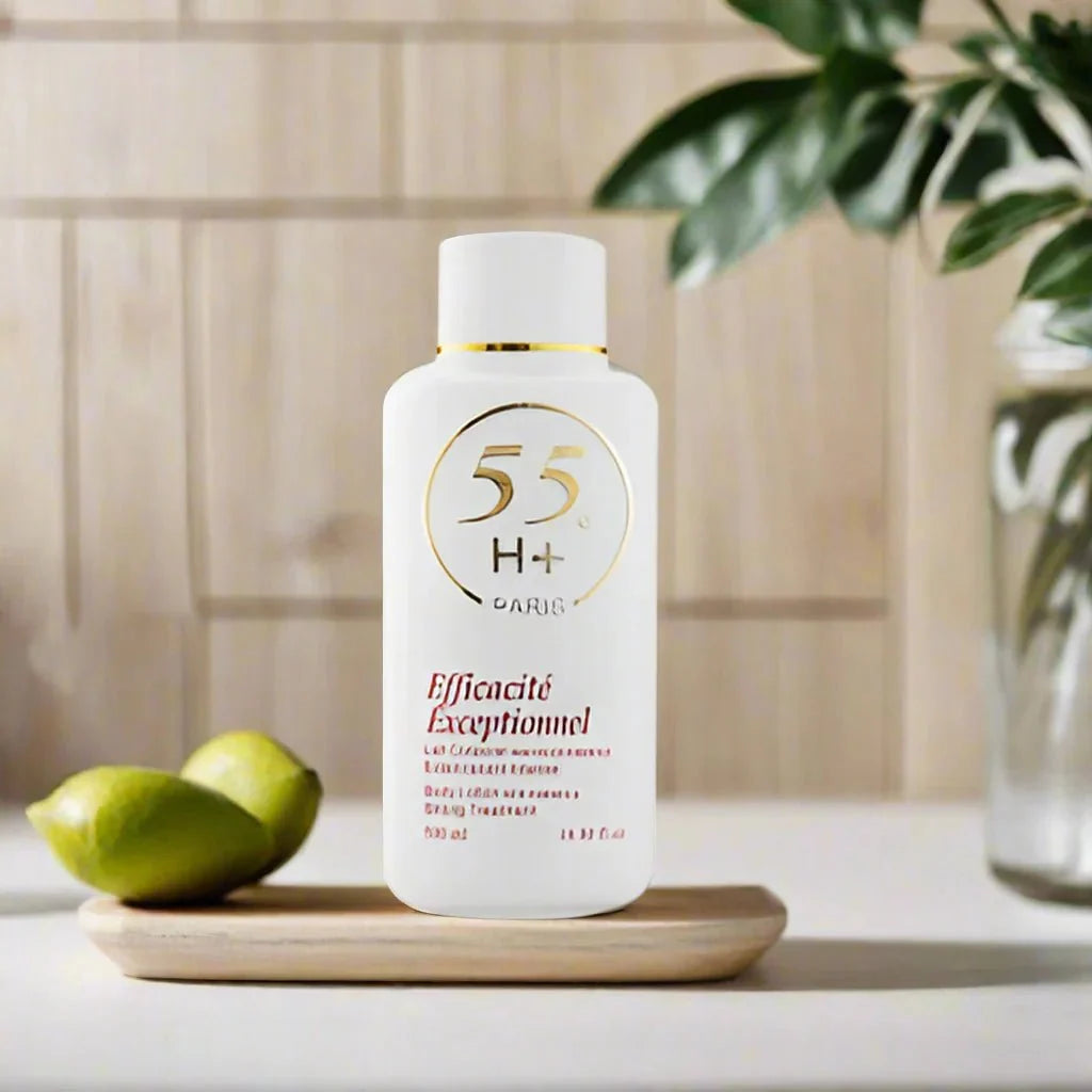 55H+ Paris Efficacite Exceptionnel Body Lotion 16 oz bottle with smooth, creamy texture and elegant packaging.