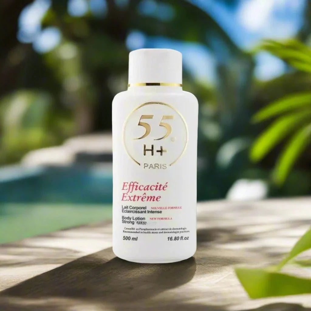 55H+ Paris Efficacite Extreme Lotion in a 16.8 oz bottle, featuring a sleek design and visible branding on the label.