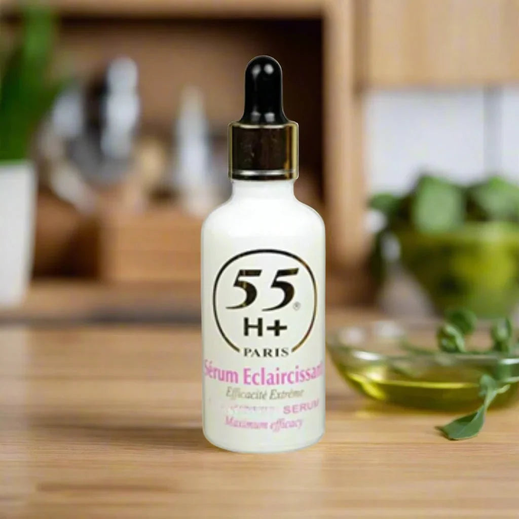 55H+ Paris Efficacite Serum in 1.66 oz bottle, featuring a sleek design with a pump dispenser for skincare use.