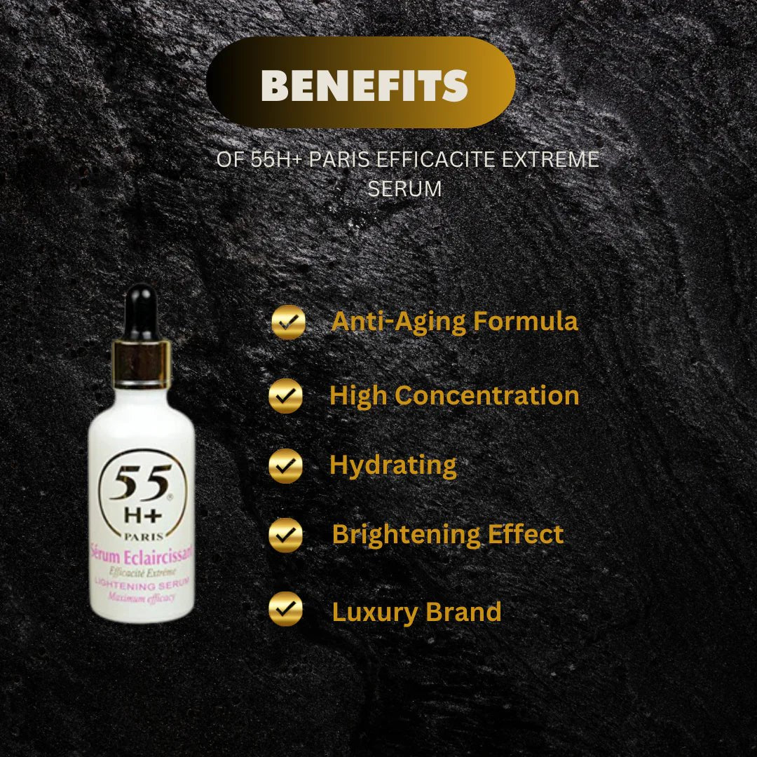 55H+ Paris Efficacite Serum in a 1.66 oz bottle, showcasing the elegant packaging and product design.