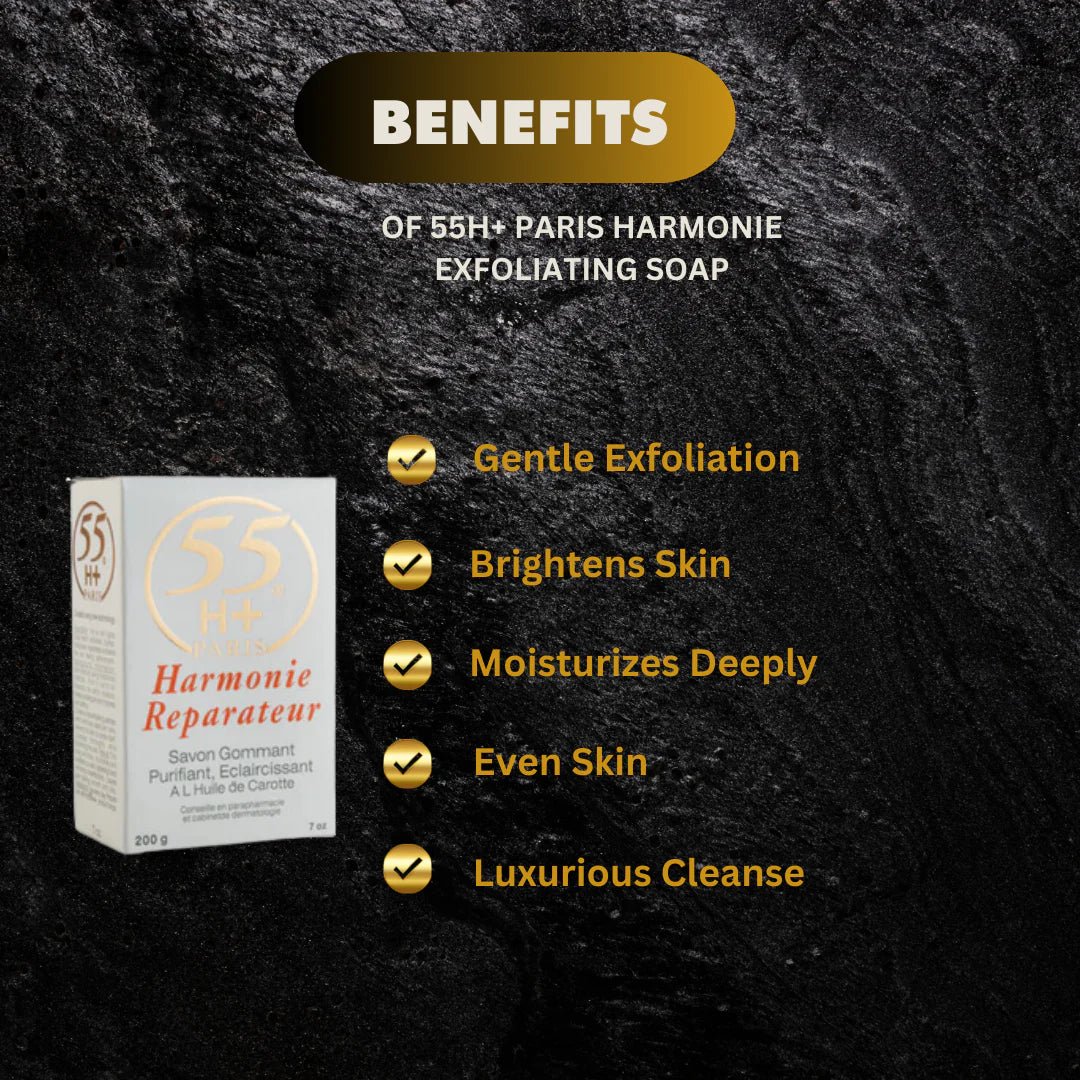 Bar of 55H+ Paris Harmonie Beauty Soap, 7 oz, with a smooth, elegant soap bar featuring floral and herbal accents.