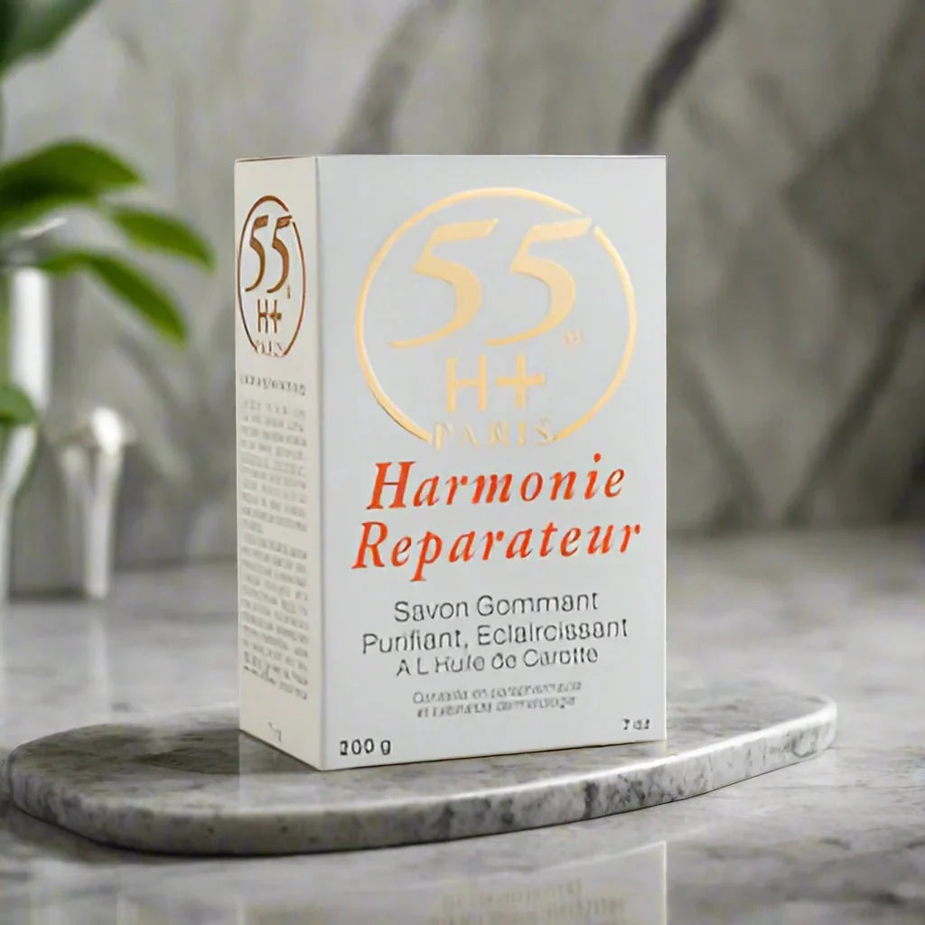 55H+ Paris Harmonie Beauty Soap in a 7 oz bar, showcasing its elegant packaging and smooth soap surface.