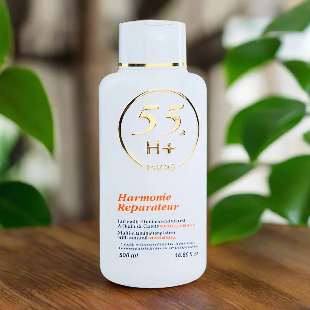 55H+ Paris Harmonie Multi-Vitamin Lotion in a 16.8 oz bottle, featuring a smooth, hydrating formula for healthy skin.