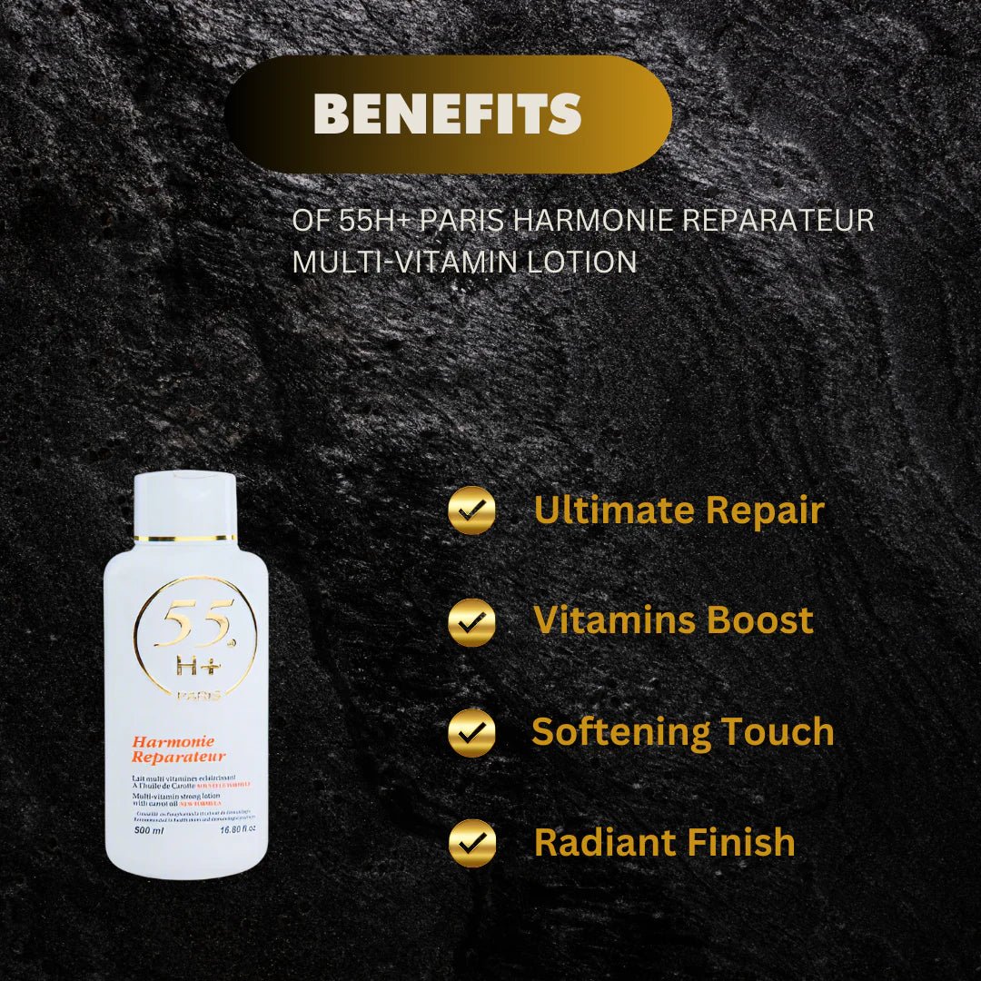 55H+ Paris Harmonie Multi-Vitamin Lotion in a 16.8 oz bottle, showcasing its sleek packaging and label design.