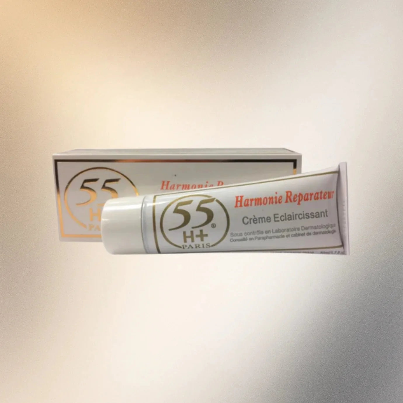 55H+ Paris Harmonie Reparateur Cream in 1.7 oz jar, soothing skincare with a smooth, creamy texture for skin repair.