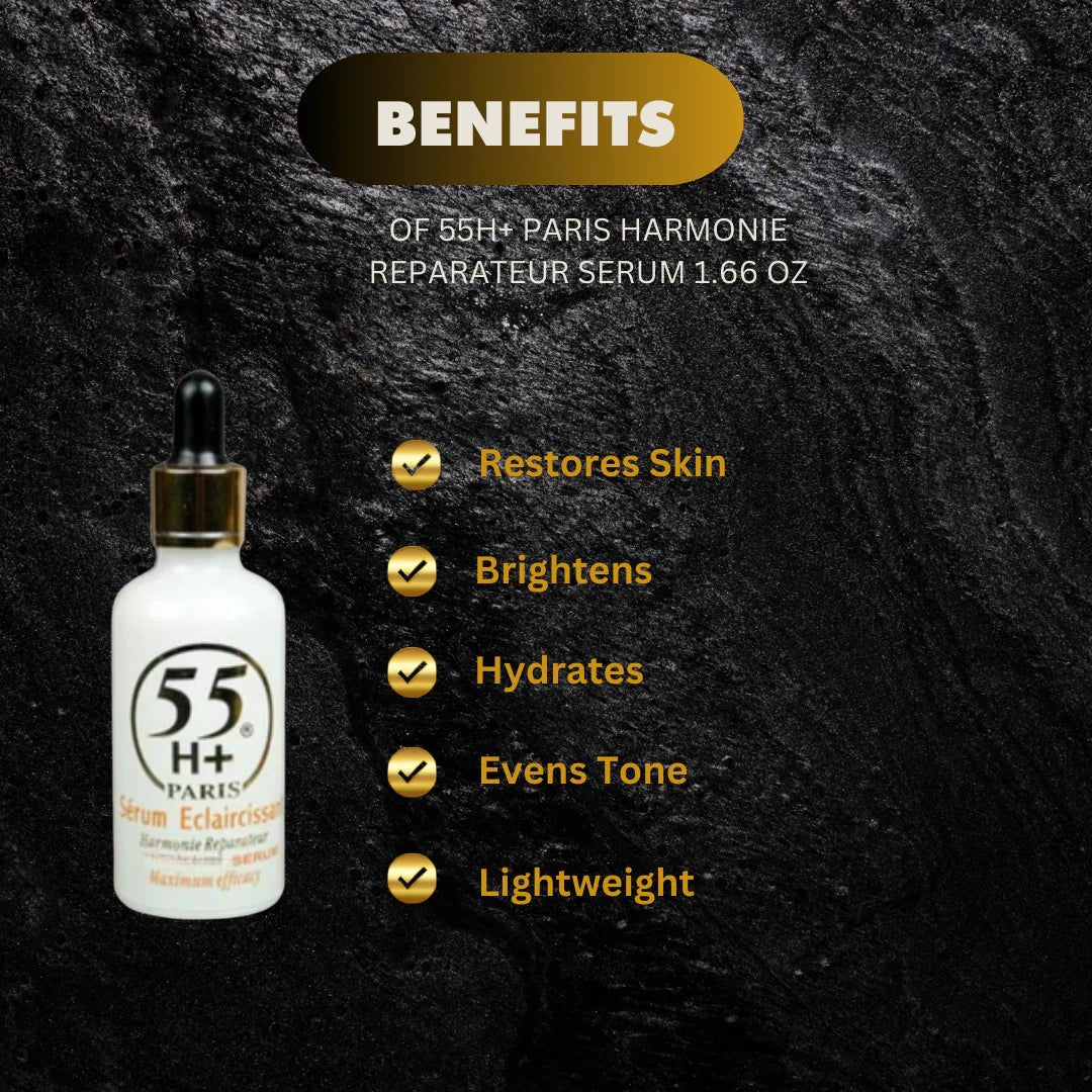 55H+ Paris Harmonie Serum in 1.66 oz bottle, featuring a sleek design and clear labeling, designed for skin hydration and balance.