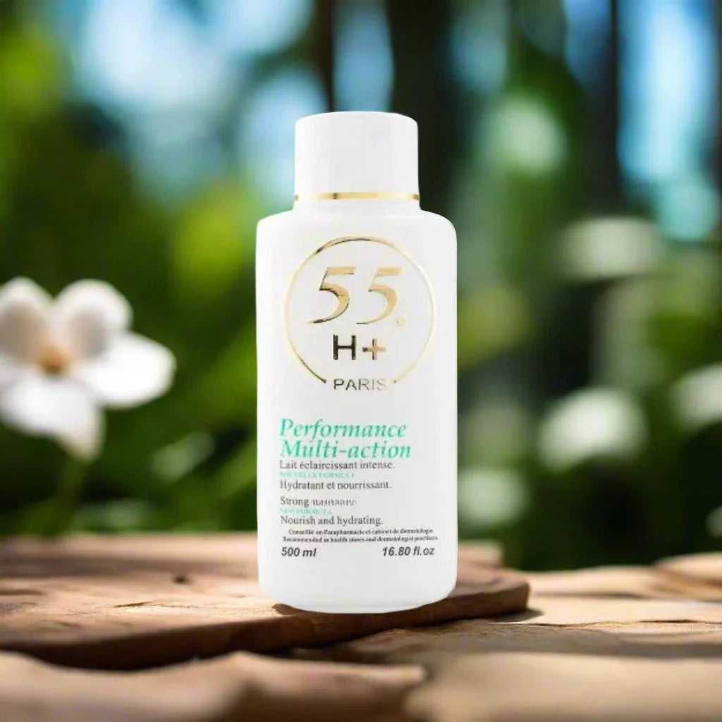 55H+ Paris Performance Multi-Action Lotion in 16.8 oz bottle, showcasing the product with a sleek pump dispenser and label.