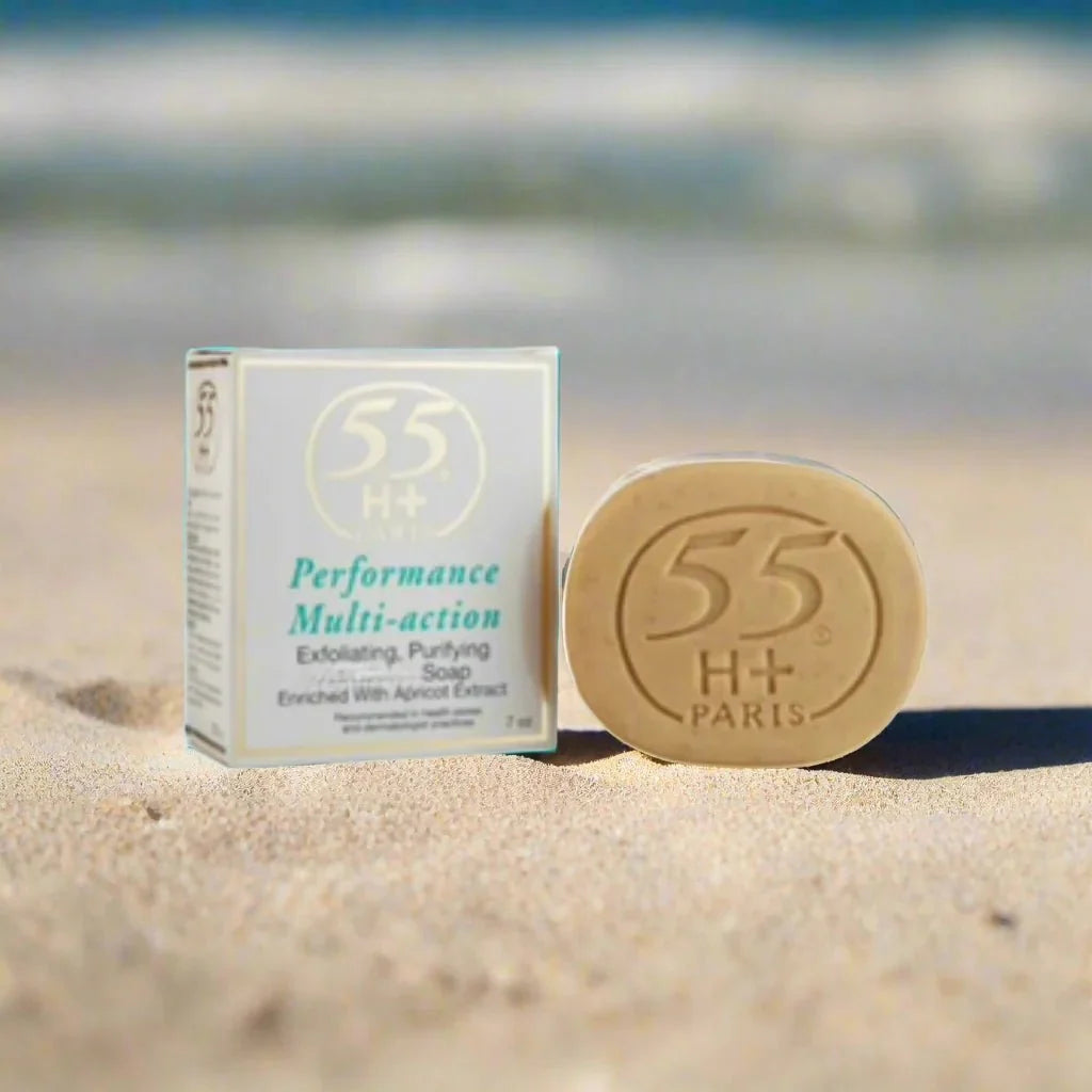 55H+ Paris Performance Multi-Action Soap 7 oz, creamy bar soap with hydrating and cleansing properties for all skin types.