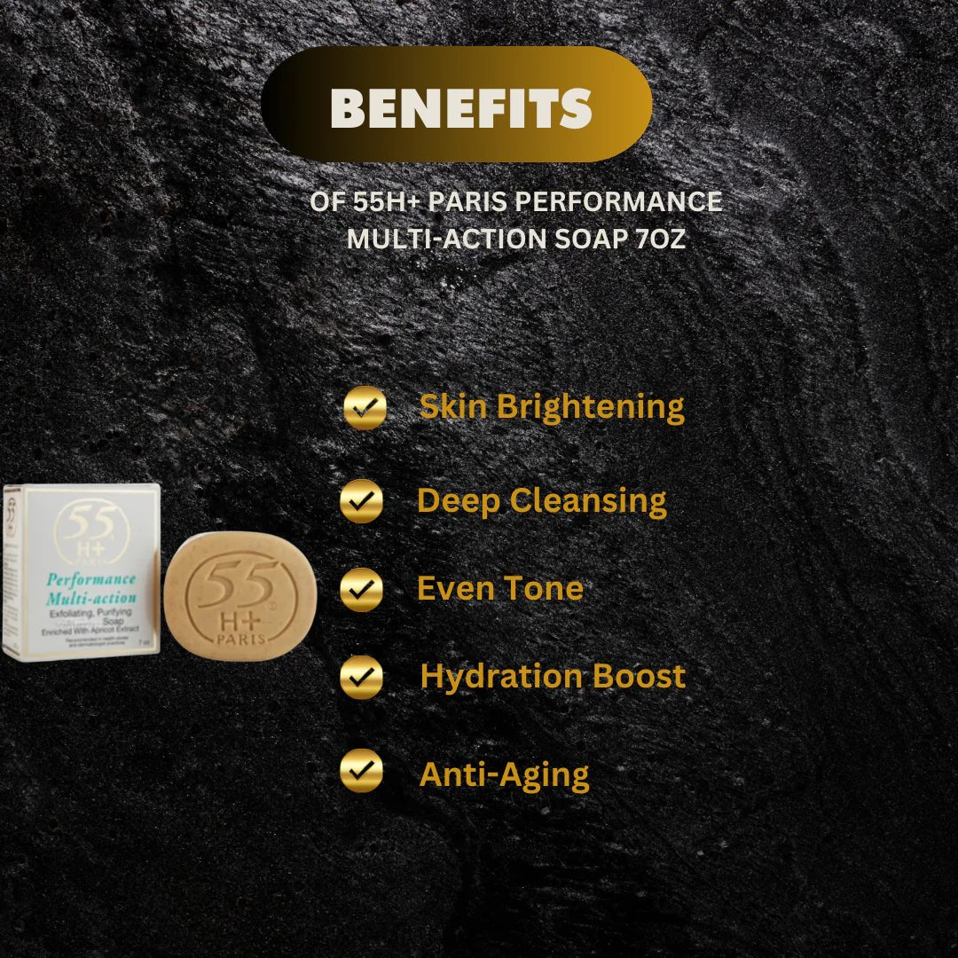 55H+ Paris Performance Multi-Action Soap in 7 oz bottle, showing the soap's packaging and branding.