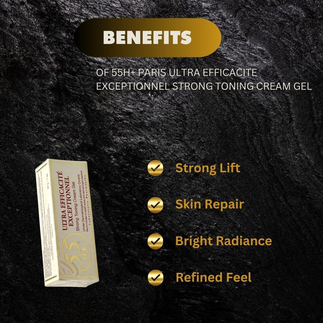 55H+ Paris Ultra Efficacite Cream Gel in 1 oz jar, smooth skincare product for hydration and skin renewal.