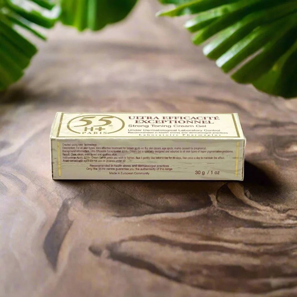 55H+ Paris Ultra Efficacite Cream Gel 1 oz in a sleek jar, showcasing smooth, hydrating gel with a luxurious texture.