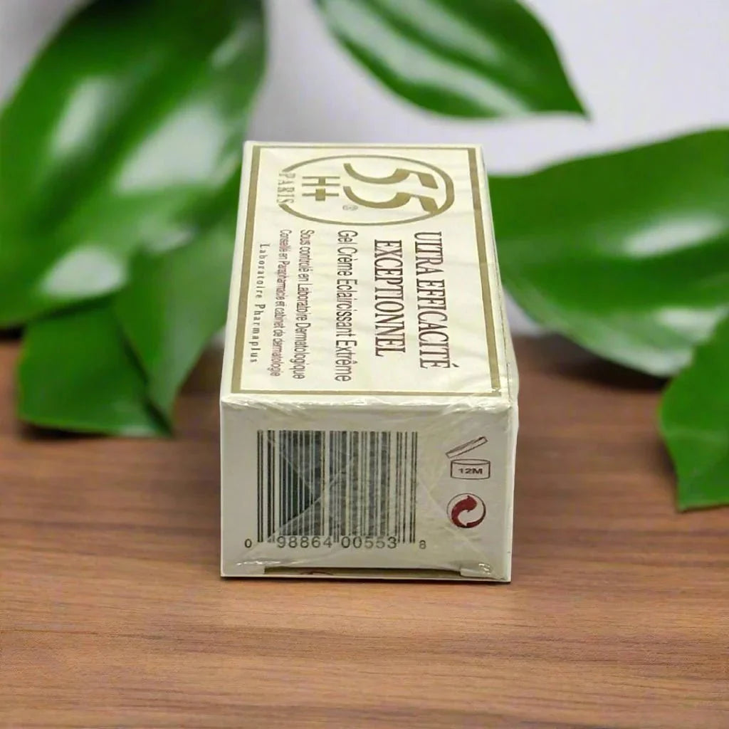 55H+ Paris Ultra Efficacite Cream Gel in 1 oz jar, smooth texture, lightweight skincare product with a sleek container.