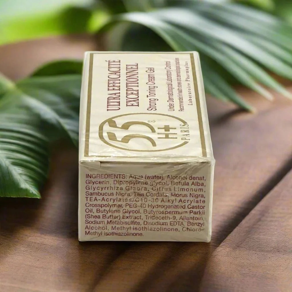 55H+ Paris Ultra Efficacite Cream Gel in 1 oz jar, showing smooth gel texture with minimalist packaging and branding.
