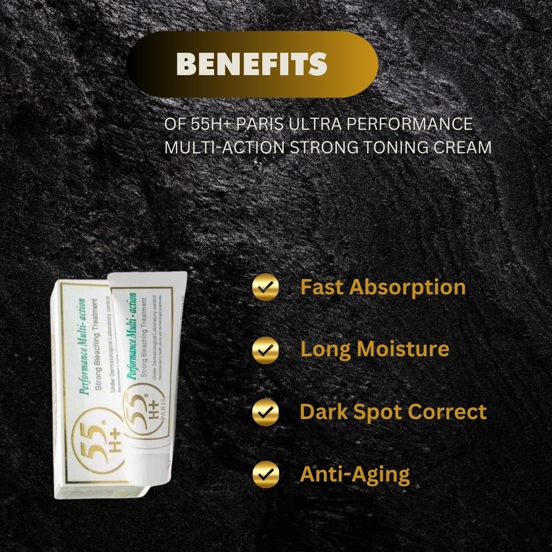 55H+ Paris Ultra Performance Multi-Action Cream in 1.7 oz jar, showcasing smooth, luxurious skincare cream with a sleek container.