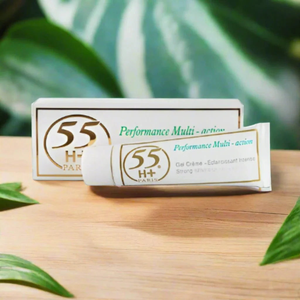 55H+ Paris Ultra Performance Multi-Action Gel in 1 oz container, clear gel formula with sleek packaging and product label.
